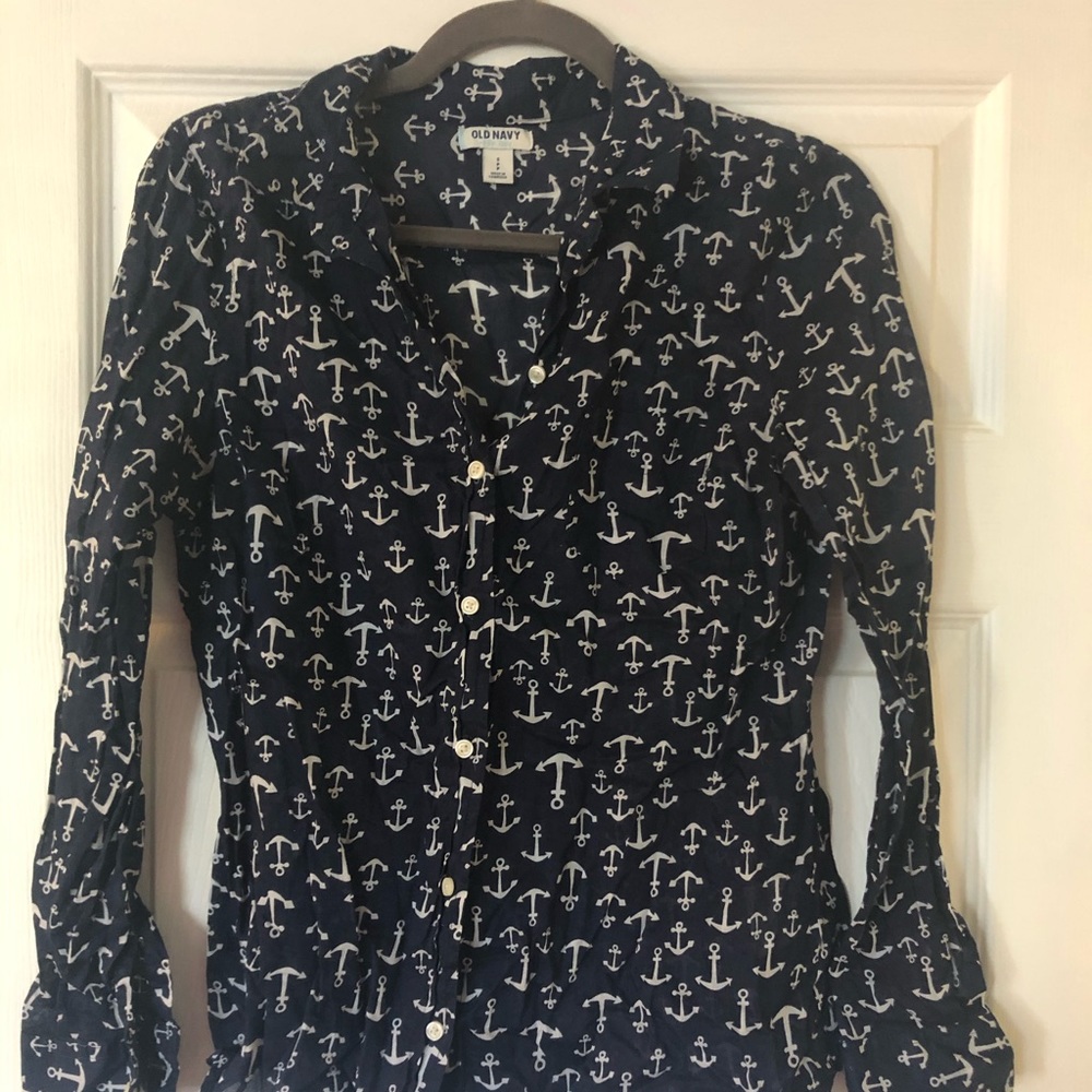 Navy and white button up light weight shirt
